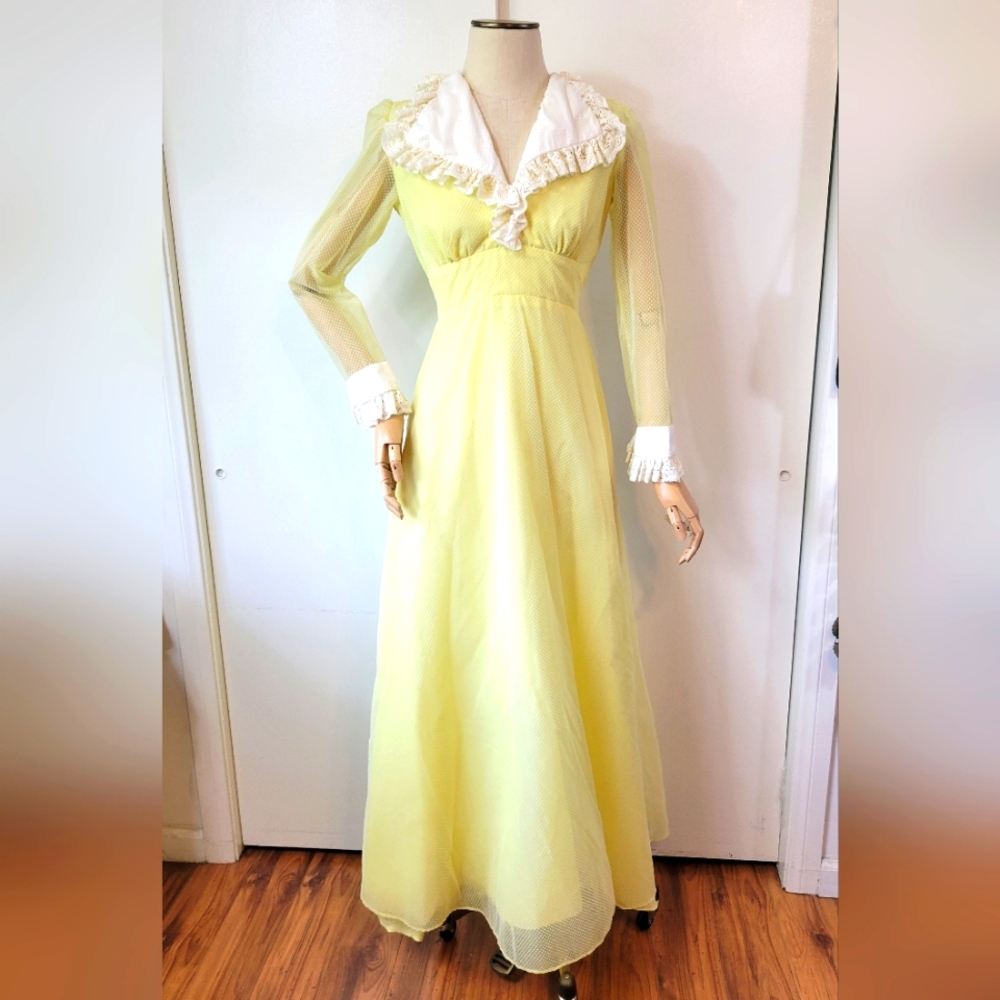 70s Canary Yellow Swiss Dot Lace Maxi Prairie Dress